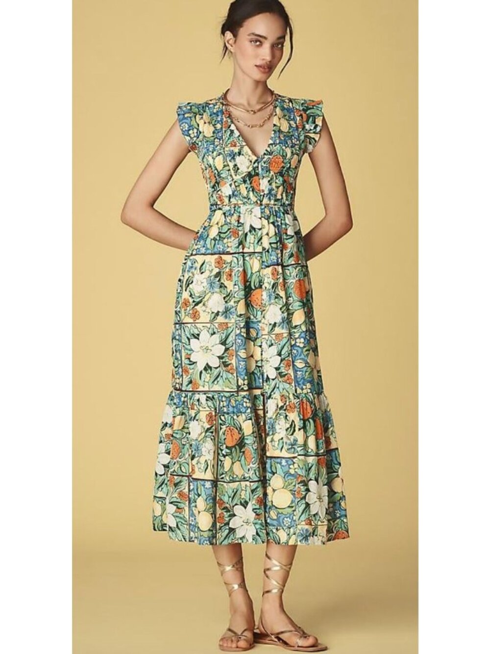 Anthropologie Peregrine Midi Dress Size XXS Citrus Fruit Floral Print